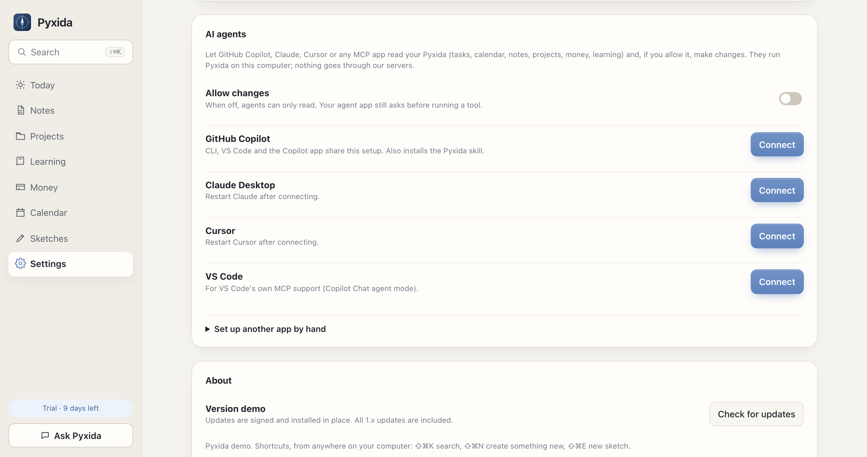 Pyxida's AI agents settings with a ready-to-copy setup